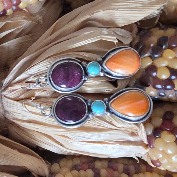 Native American Navajo Jewelry - Beautiful Native American Navajo Handmade Turquoise & Spiny Earrings 🩵💜🧡🌅🎁